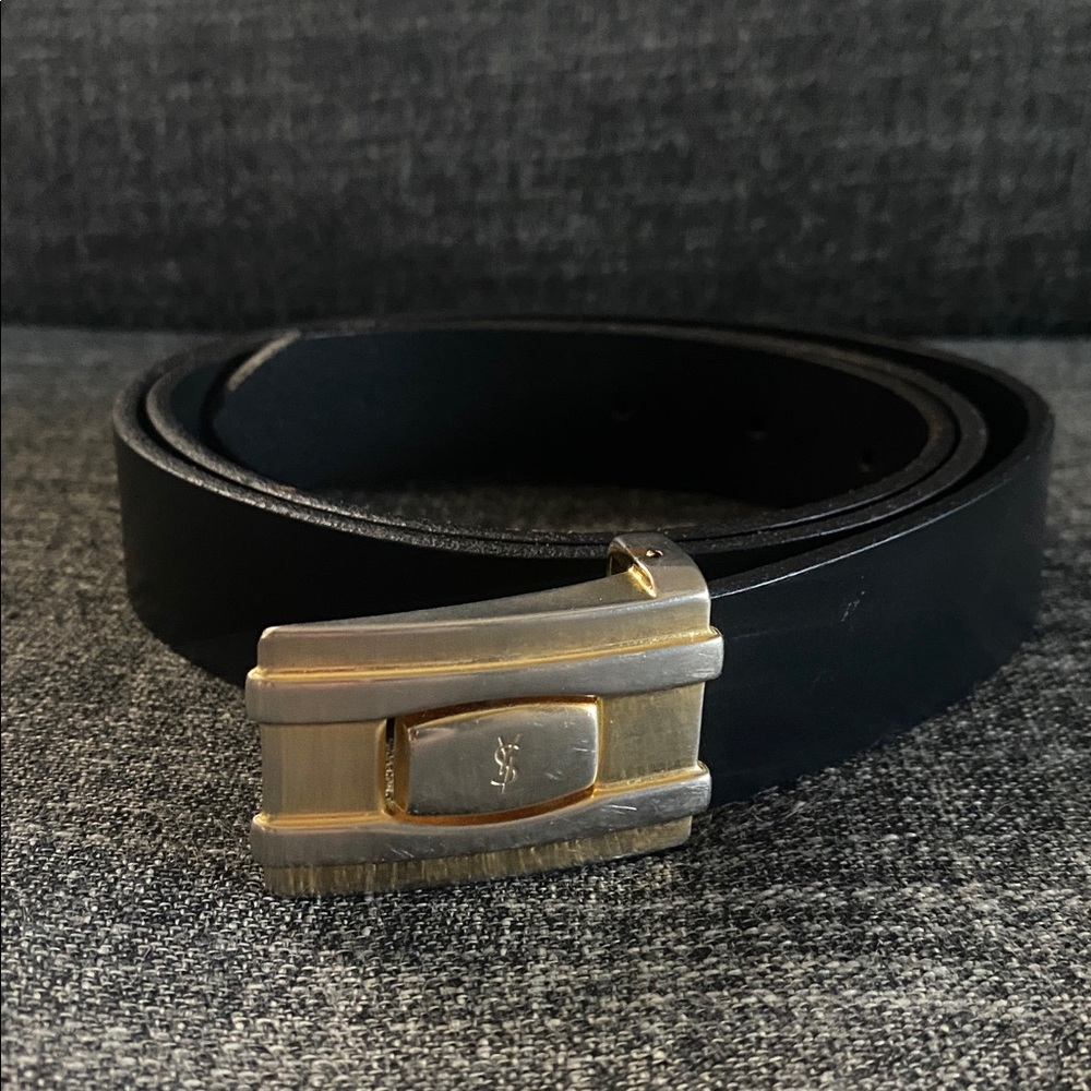 Vintage Yves Saint Laurent Two-Tone Gold and Silver Logo Buckle Leather Belt 38